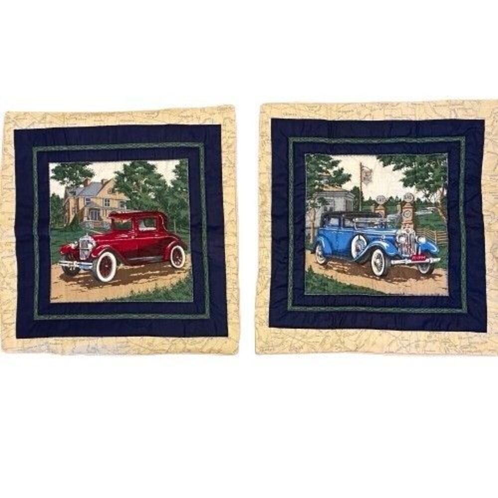 Quilted Pillow Shams-Classic Cars & Road Map Set of 2